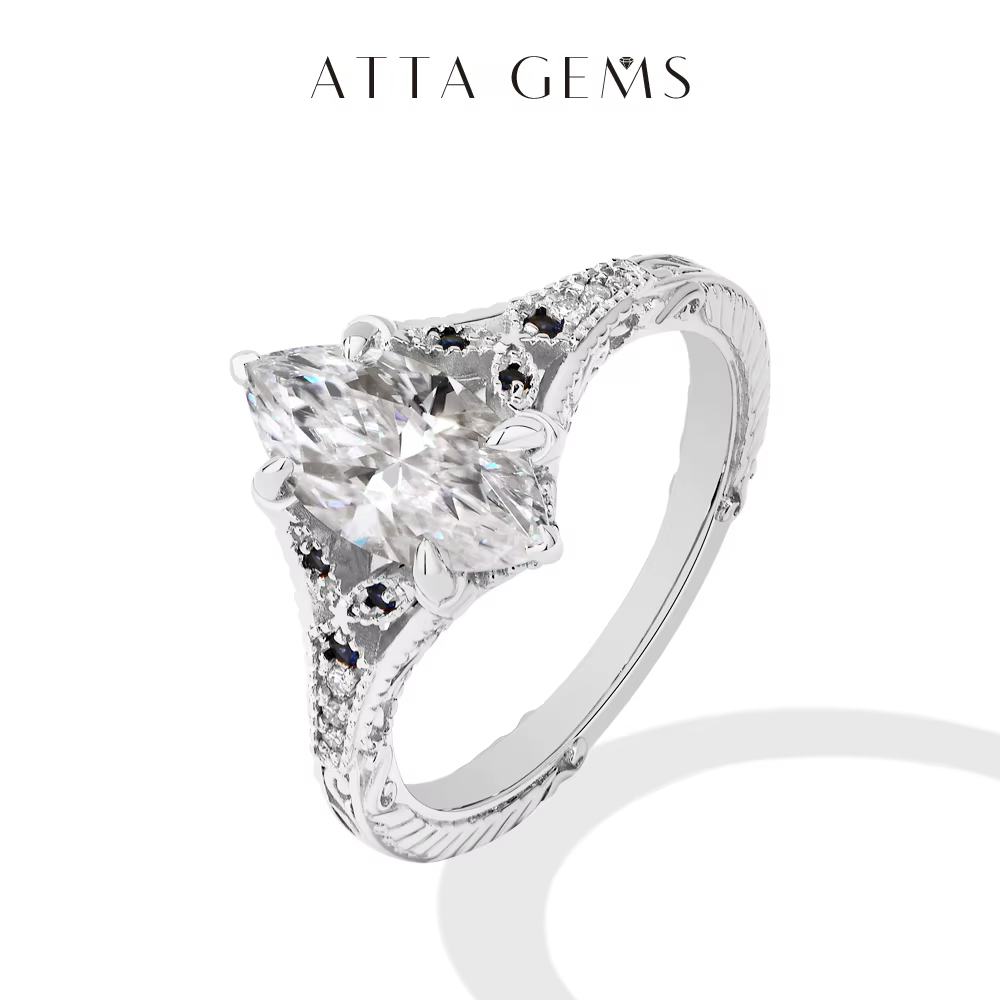 ATTAGEMS – bague en Moissanite taille Marquise, 2ct, avec saphir de laboratoire, en argent Sterling 
