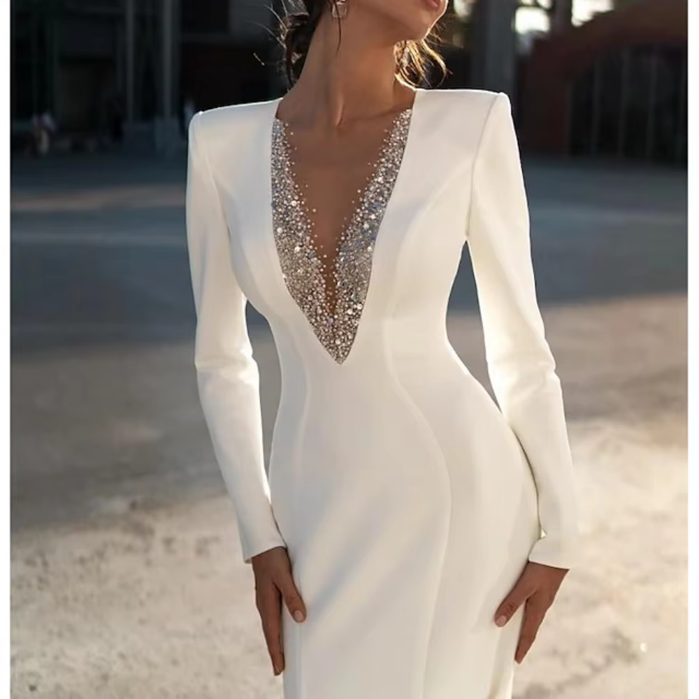 Robe de mariée sirène élégante, manches longues brillantes, col en V, robe éducative, train de balay
