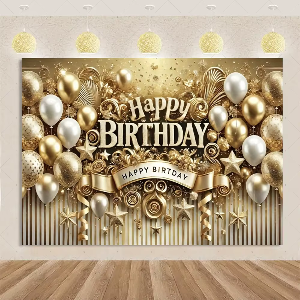 Décoration de fête d'anniversaire sur le thème de luxe doré, ballon, bannière d'arrière-plan pour ca
