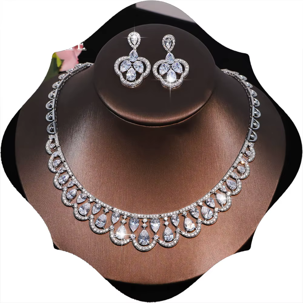 Ensemble collier et boucles d'oreilles en zircone cubique, bijoux de mariée pour femmes, collier pou