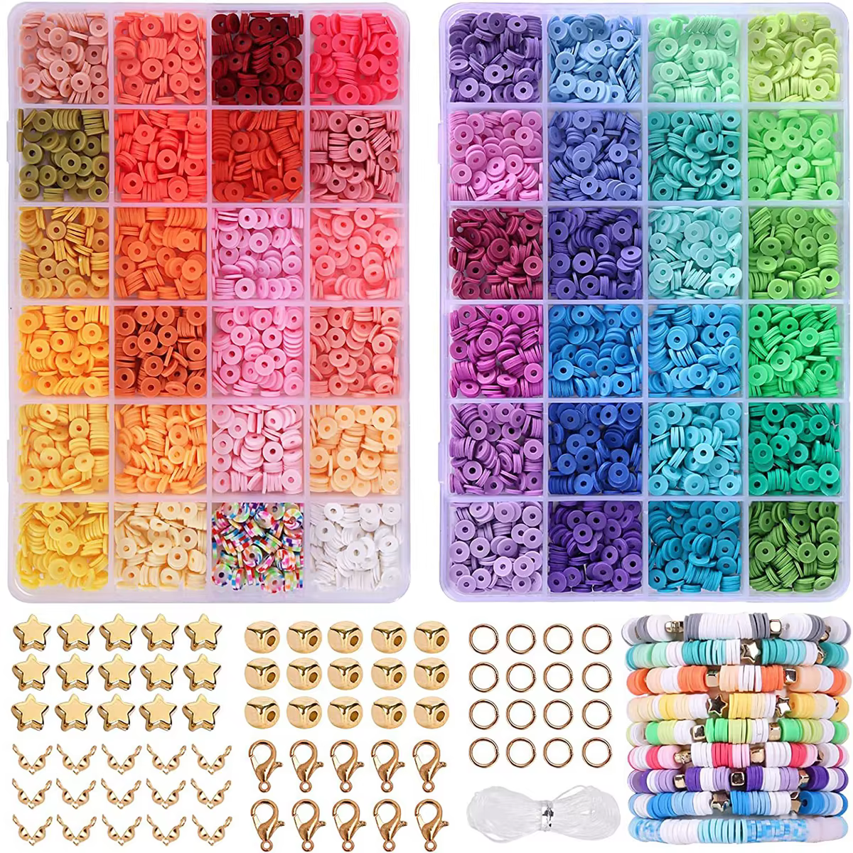 Perles d'Argile Plates et Rondes de 48 Couleurs pour Bracelet, Kit de Bijoux pour Fille de 8 à 12 An