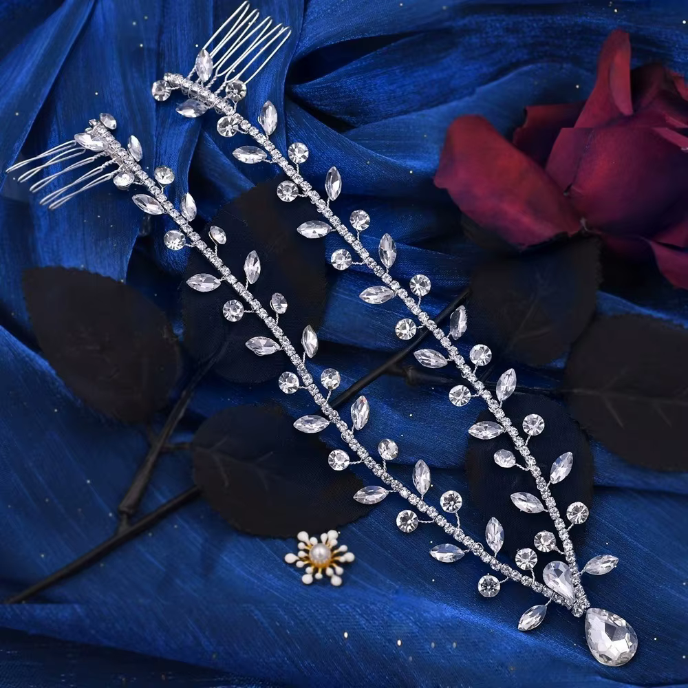 Serre-tête de mariée féerique avec peignes, strass scintillants en forme de goutte d'eau, bijou de v