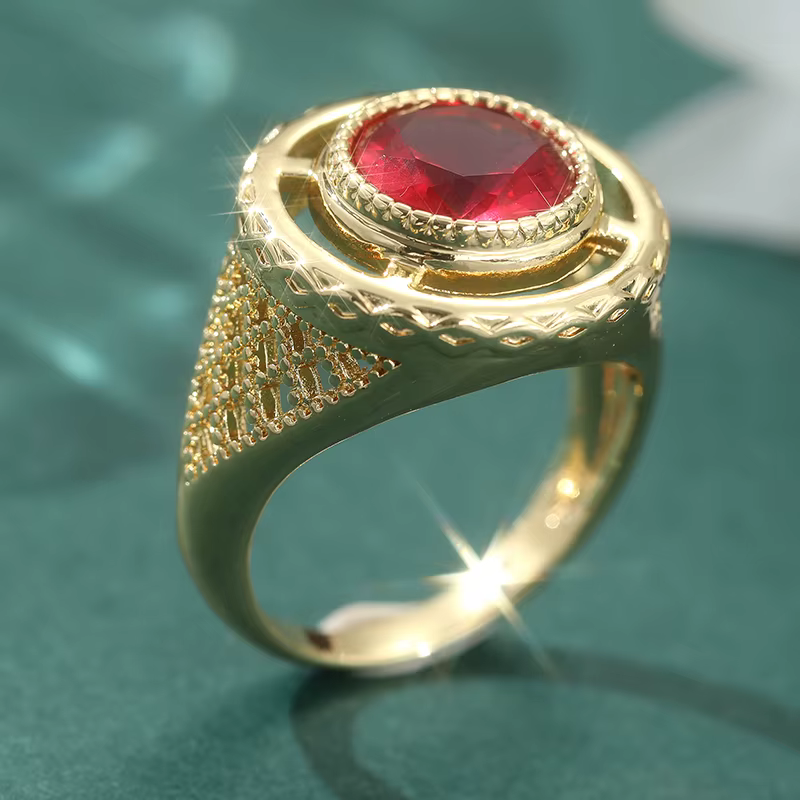 Bagues rondes ajourées couleur or pour femmes, avec pierre synthétique rouge, bijoux de mode pour fê
