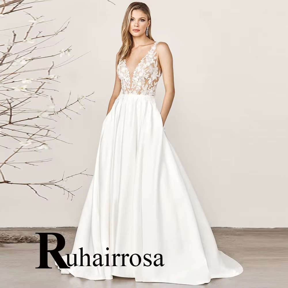 Ruhair-Robes de mariée élégantes glamour pour femmes, appliques, col en V profond, boutons drapés, r