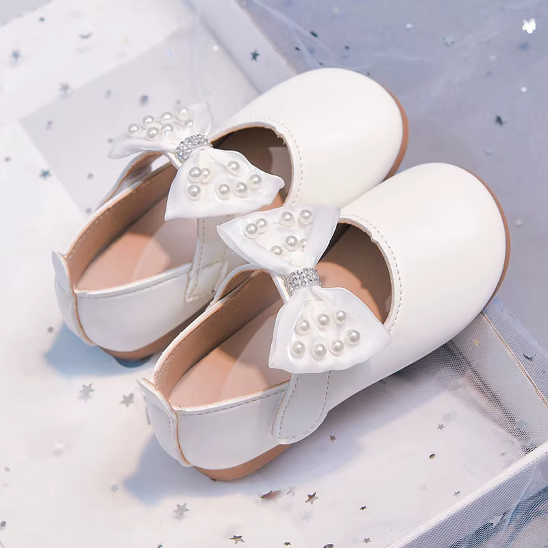 Chaussures décontractées pour bébés filles, ballerines en cuir souple avec nœud blanc, pour mariage,