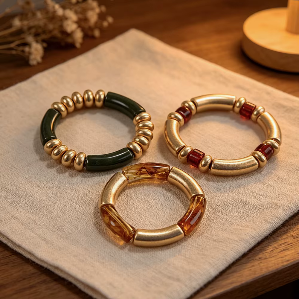 Bracelet inspiré du style rétro, en or et perles en résine, trio de bijoux éclatants aux tons terreu