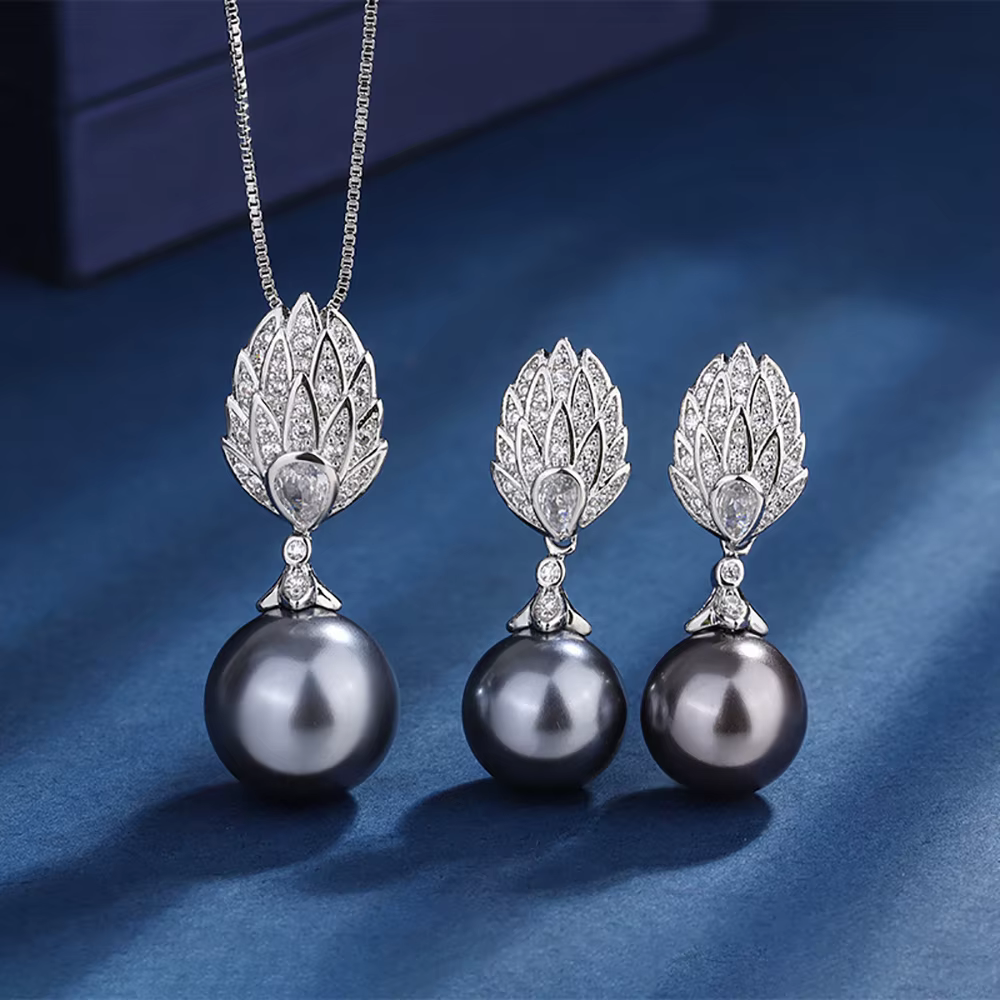 Ensembles de bijoux de luxe pour femmes, collier pendentif perle noire, boucles d'oreilles pour femm