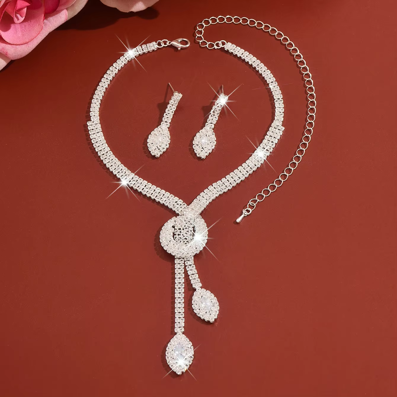 Parure de bijoux de luxe en or et cristal pour femme, collier à pampilles en strass étincelant et bo