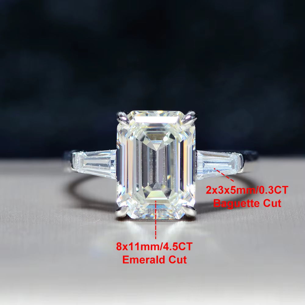 Bague de fiançailles taille émeraude 4,5 carats pour femme, en argent sterling 925, trois pierres av