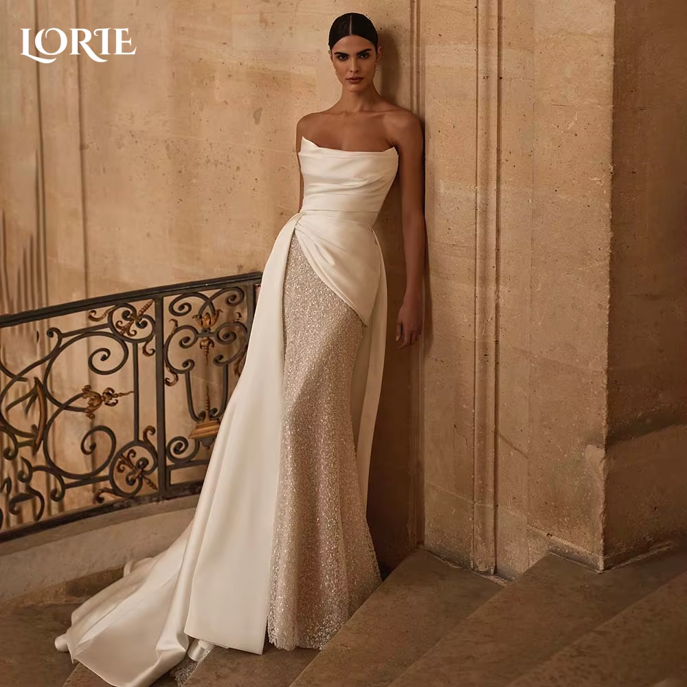 LORIE Robe de mariée élégante pour femme, épaules dénudées, dos nu, fente sirène, scintillante, robe