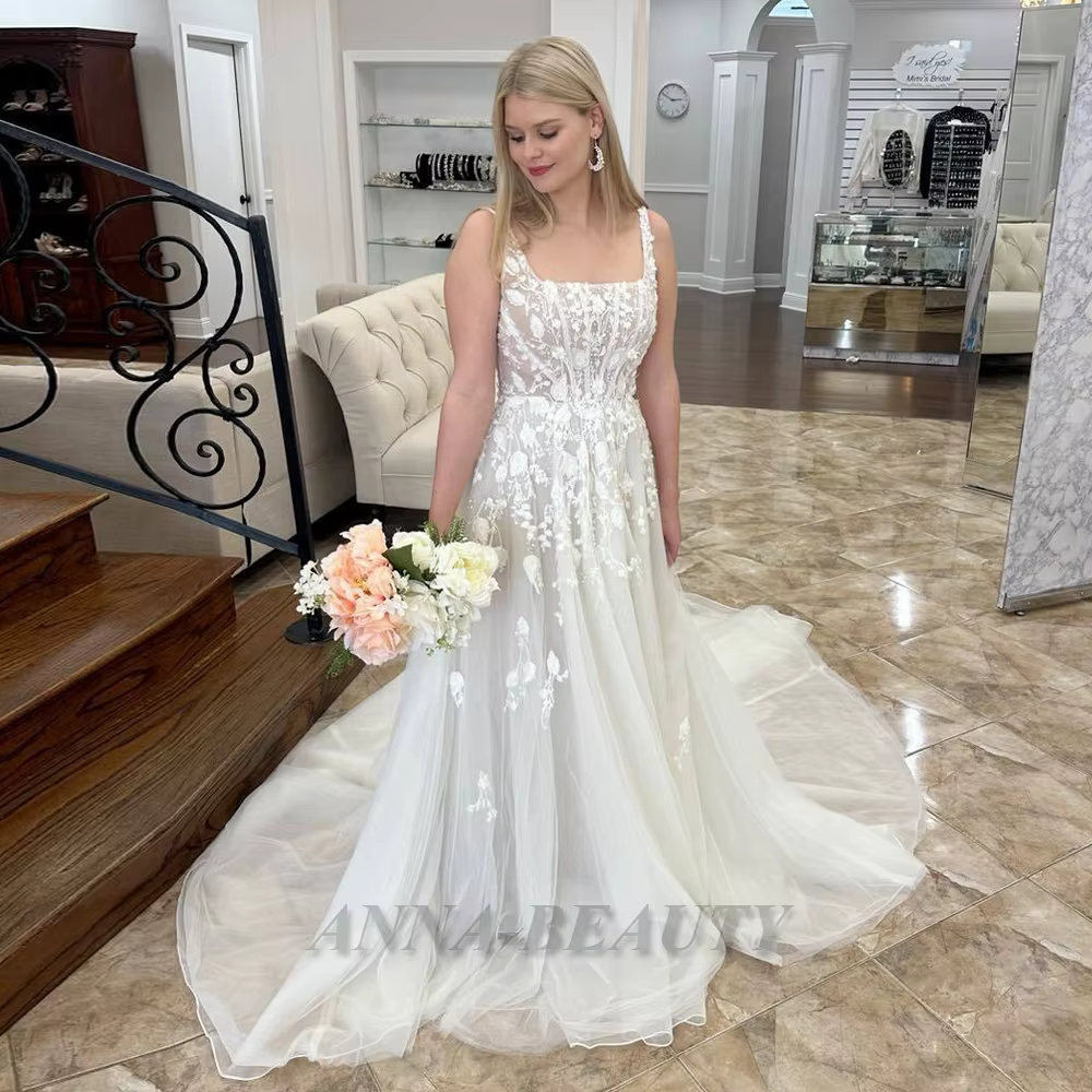 Anna Dam-Robes de mariée A-Line pour femmes, col carré, dos nu avec bouton, tulle, brosse en fibre, 