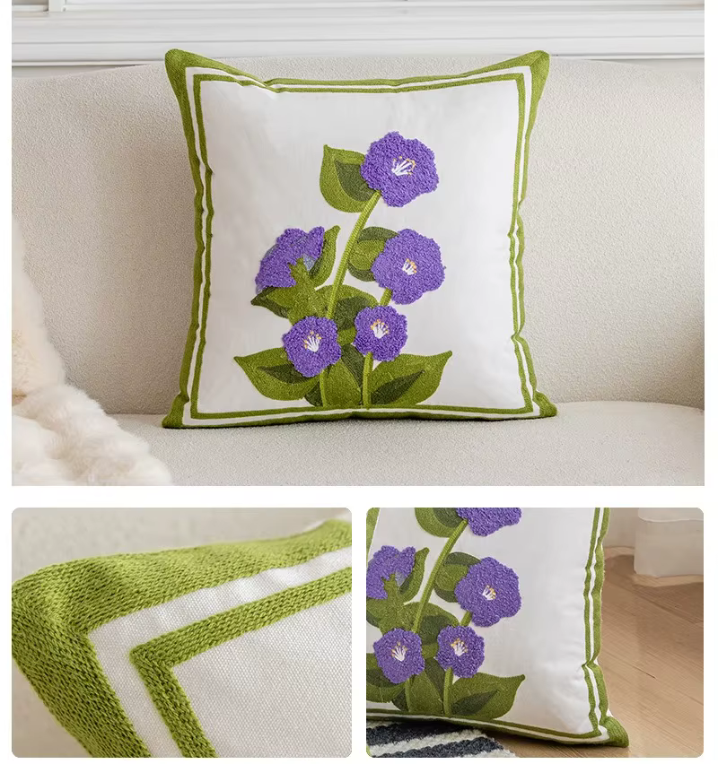 Housse de coussin en toile de coton avec broderie florale, taie d'oreiller décorative pour l'extérie