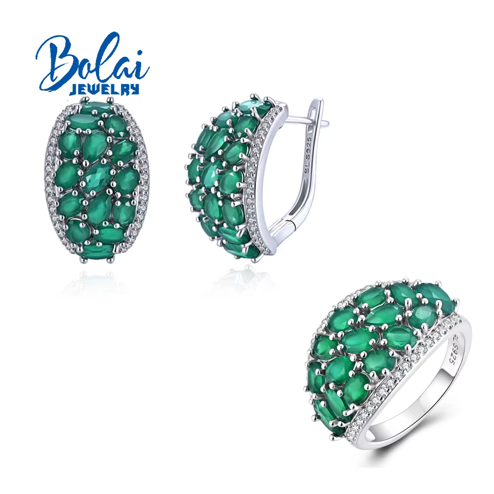 Magnifiques boucles d'oreilles en agate verte naturelle, ensemble de bijoux fins en argent sterling 