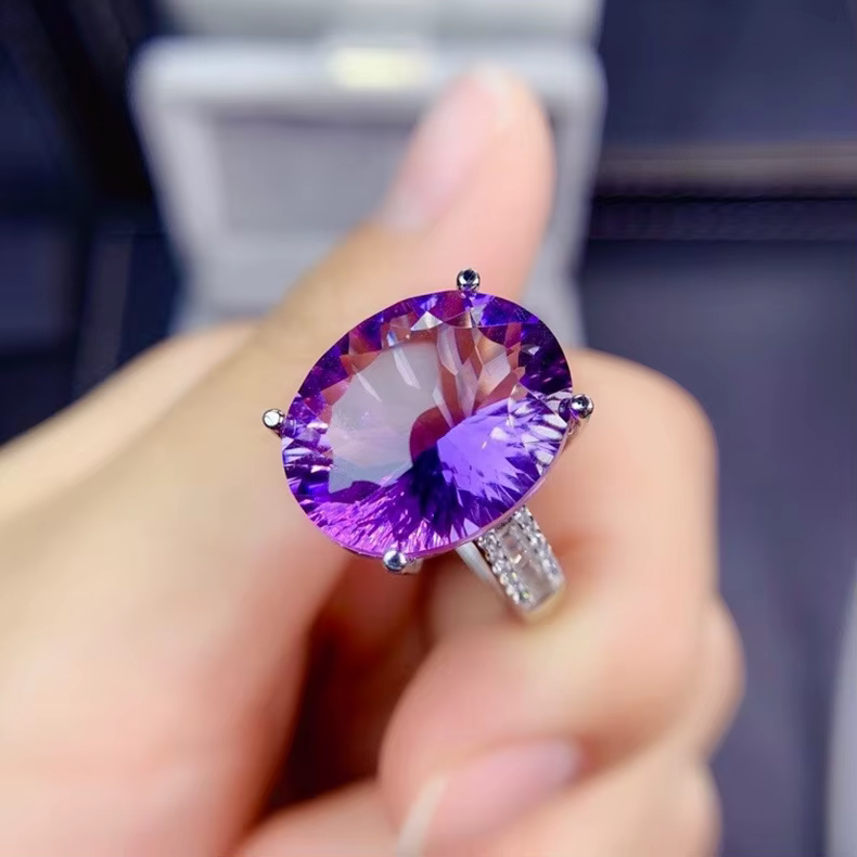 Bague Ajustable en Quartz Violet Naturel pour Femme, Perle à Facettes, Pierre Riche en Argent 925, U