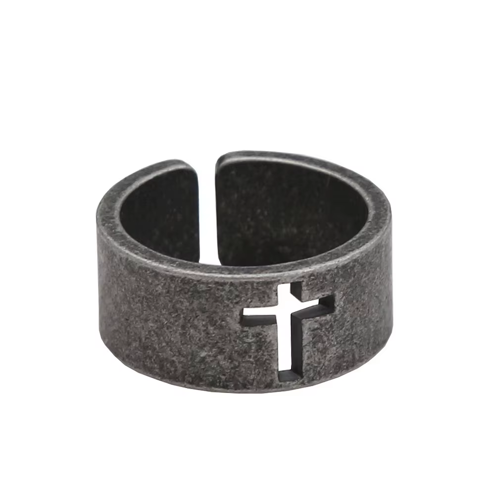 Bague ouverte rétro simple en acier inoxydable, motif croix évidée, texture vieillie, large, unisexe