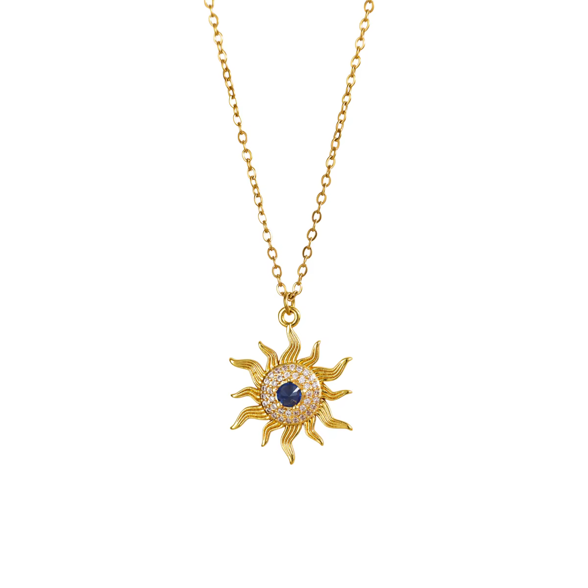 Colliers soleil en zircon bleu pour femmes, plaqué or 18 carats, acier inoxydable, pendentif soleil 