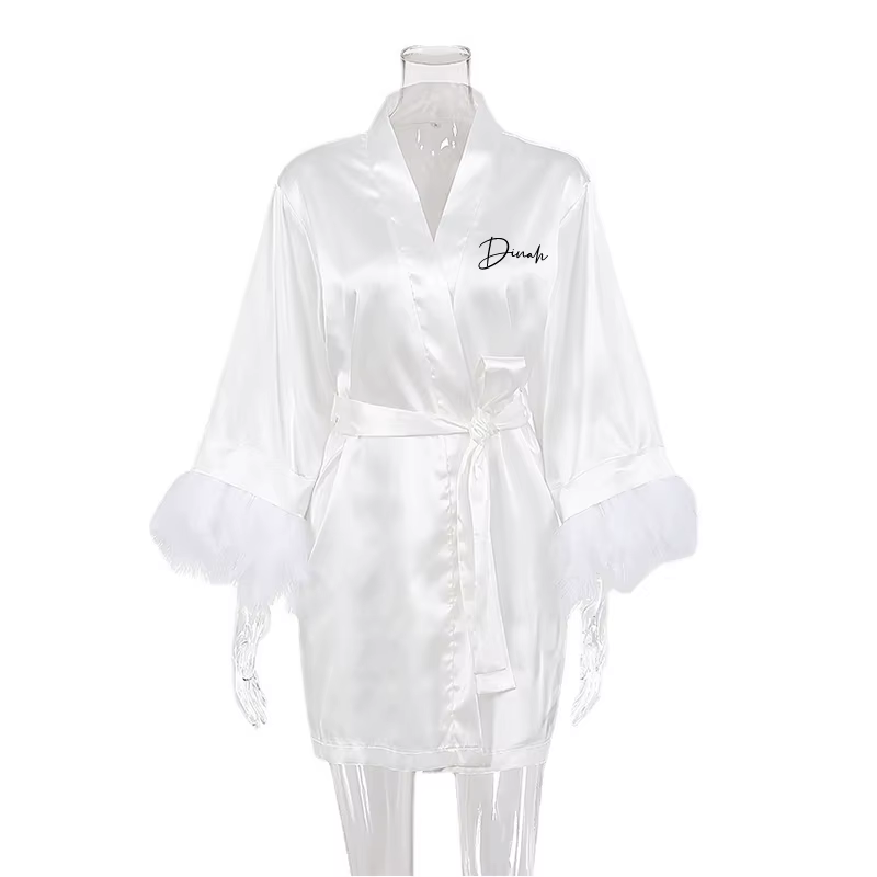 Robe de mariée personnalisée avec plumes et nom, peignoir en satin, IQUE Gown, InjKimono, cadeau d'u