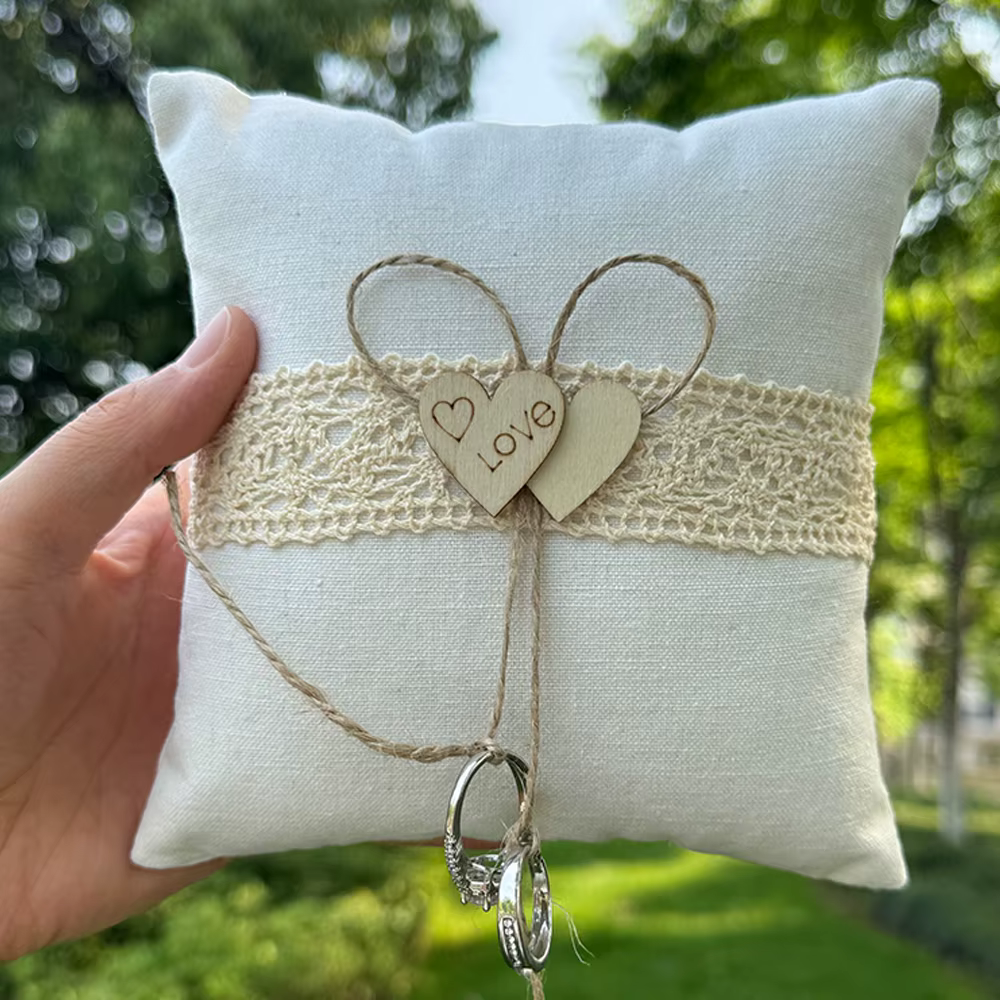 Coussin rustique pour alliances avec cordon en jute en forme de cœur, coussin porte-alliances en lin