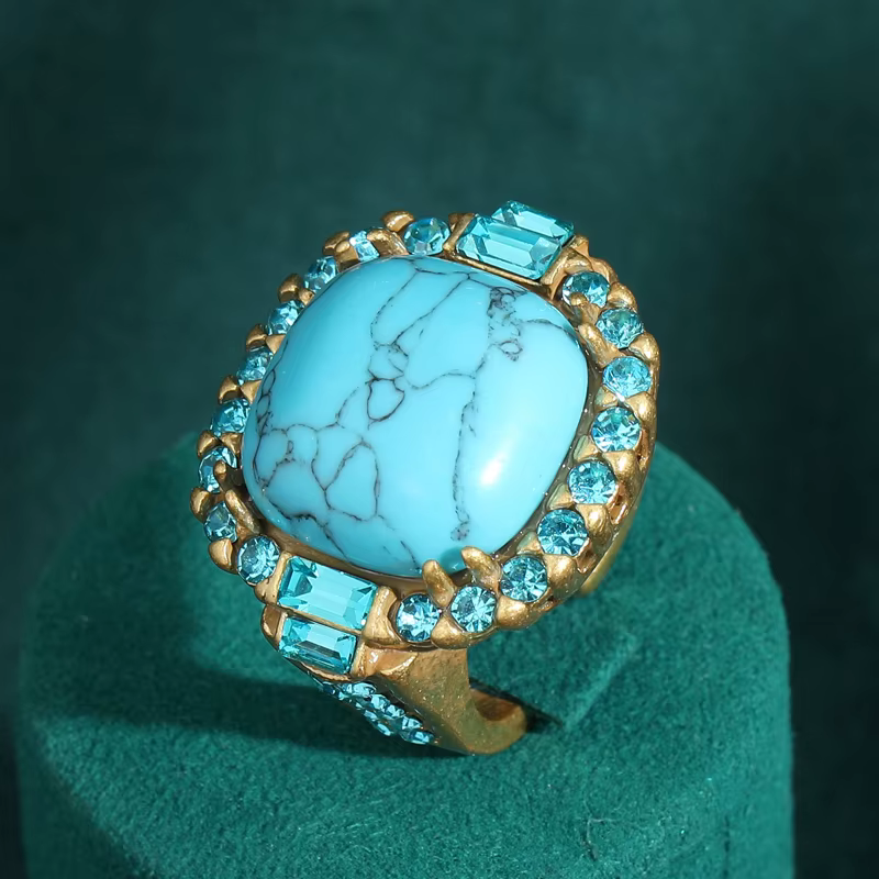 Bague Turquoise Art Déco vintage |   Plaqué or 18 carats et cuivre |   Conception de pierre sertie d