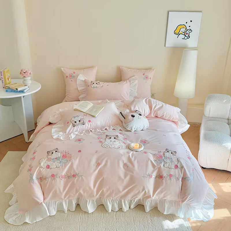 Rose pur coton mignon dessin animé chat broderie 3/4 pièces filles chambre d'enfants chambre ensembl