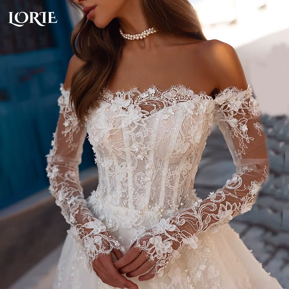 LORIE dentelle plage robes de mariée épaules dénudées 3D fleurs robe de mariée Applique princesse ro