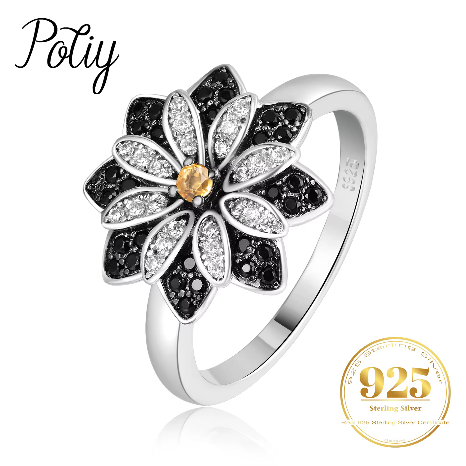 Bague de cocktail Potiy Flower en argent sterling 925 avec quartz fumé naturel et spinelle noire pou