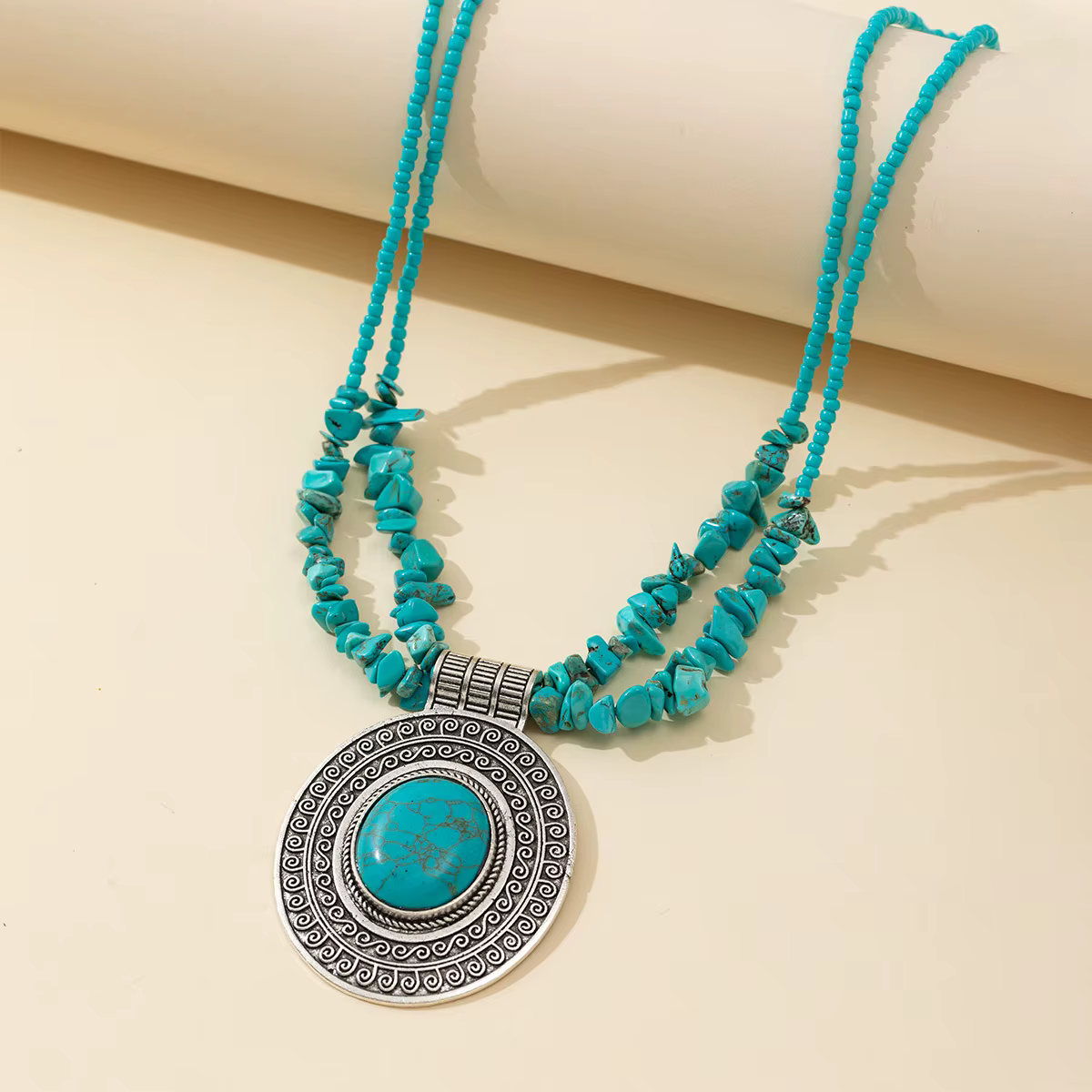 Collier bohème Turquoise pour femmes, pendentif circulaire en argent complexe, breloque Vintage, col