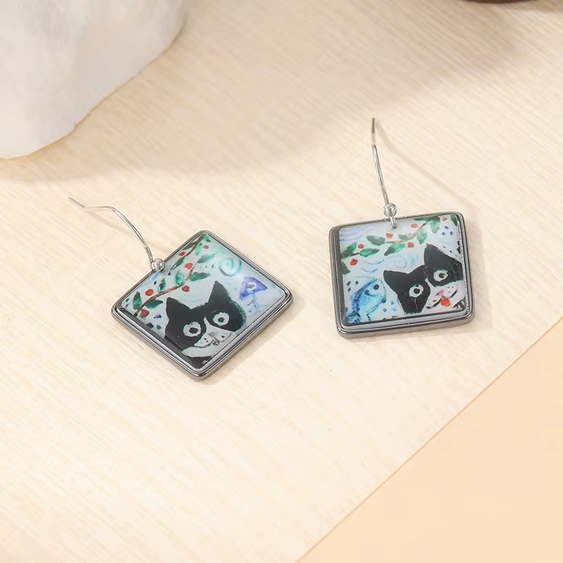 Boucles d'oreilles pendantes carrées en émail motif chat mignon pour femme, simples et adorables, bi