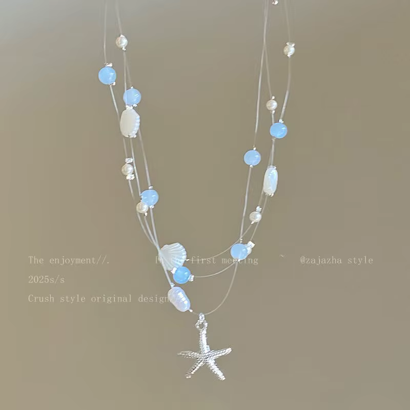 Collier de bord de mer, coquille d'étoile de mer, ras du cou superposé de perles, bijoux de plage ré