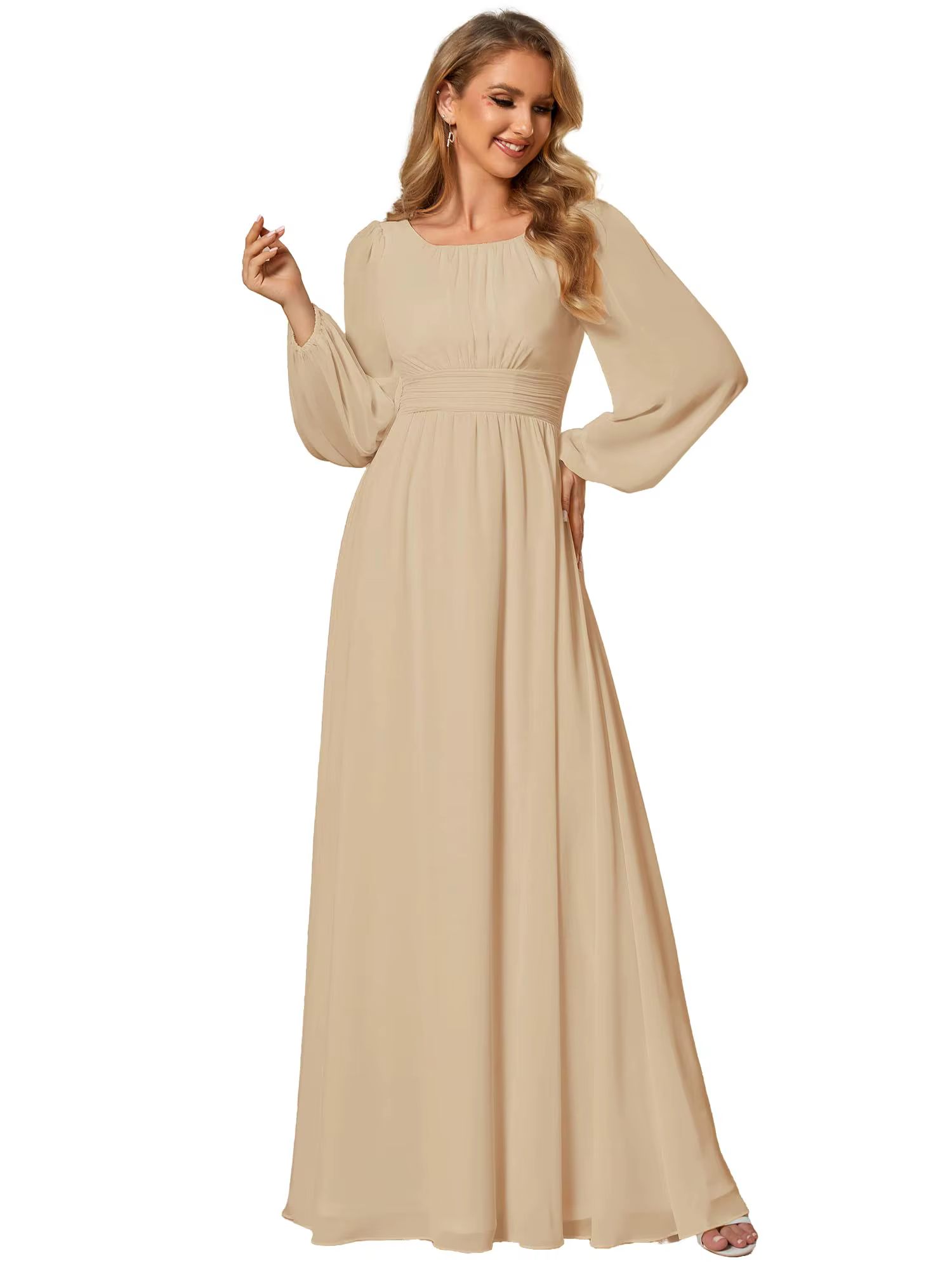 Robes de demoiselle d'honneur pour femmes, col rond, manches lanternes, pour mariage, ligne a fluide