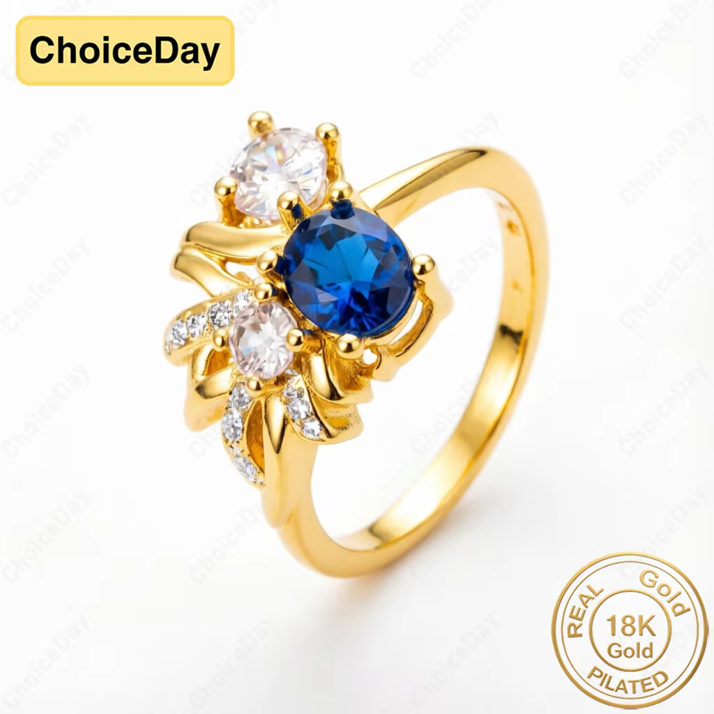 Bague florale en or plaqué 18 carats avec diamant bleu océan exquis - Bijou élégant pour femme, cade
