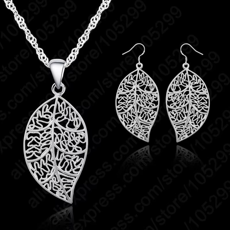 Ensembles de bijoux en argent pour femmes, boucles d'oreilles pendantes feuilles, collier JONecklace