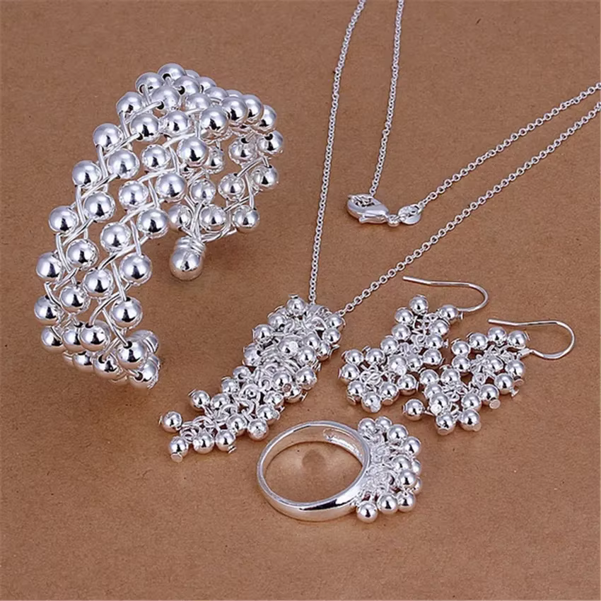 Marques populaires Bracelet pendentif en perles de raisin fines, ensemble de bijoux en argent Sterli