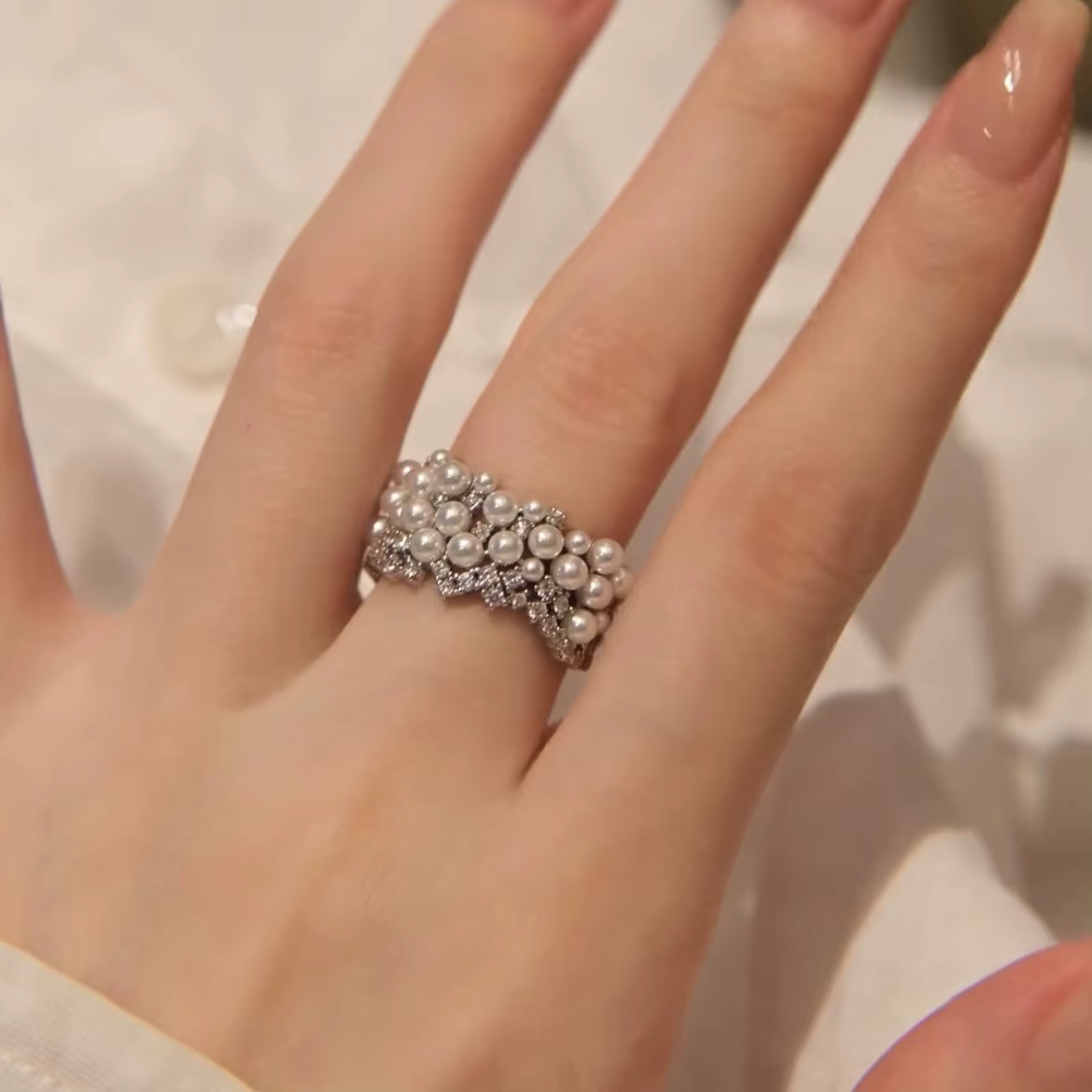 Bague polyvalente en perles et zircon pour femme, design unique, sensation haut de gamme, bague ouve