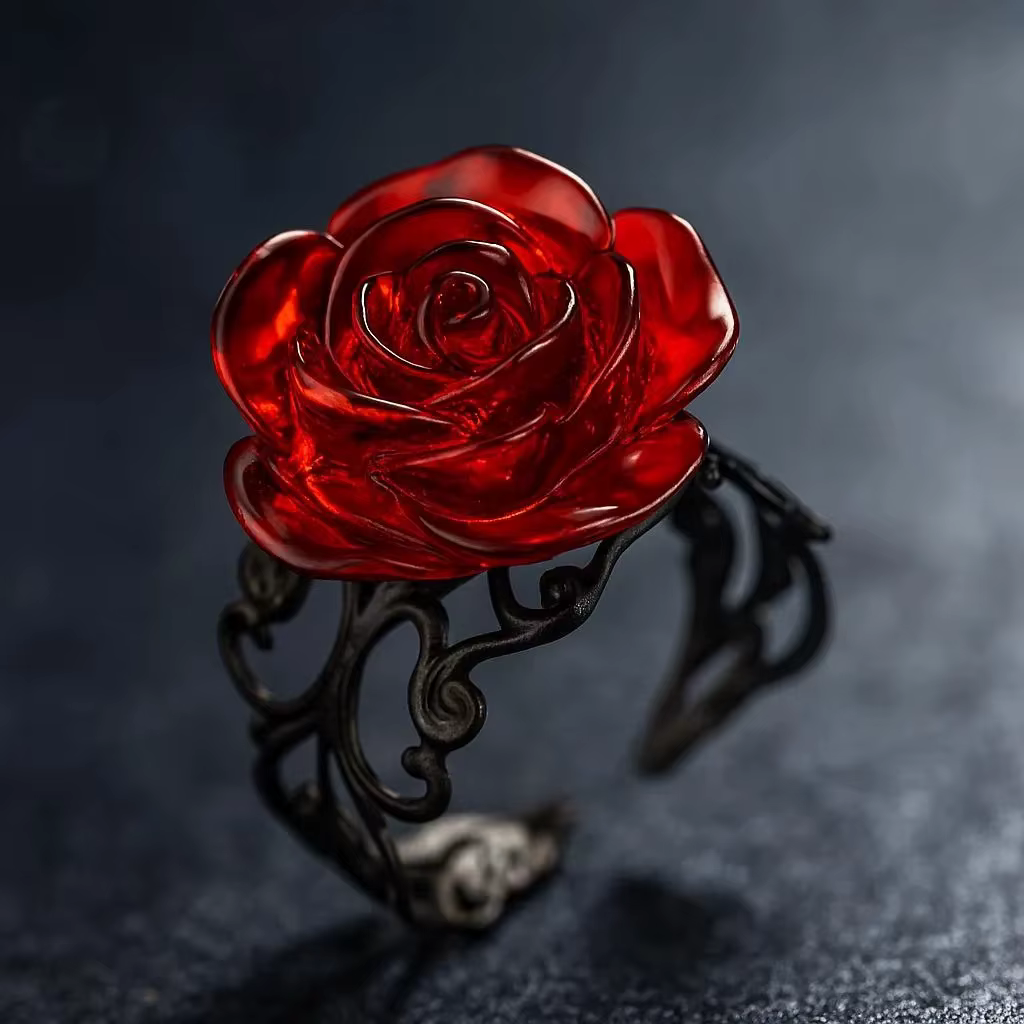 Bague Rose Rouge Gothique Punk avec Motif Vigne Noire Ornée, Design Sorcière Pagan Vintage, Bijou Cr