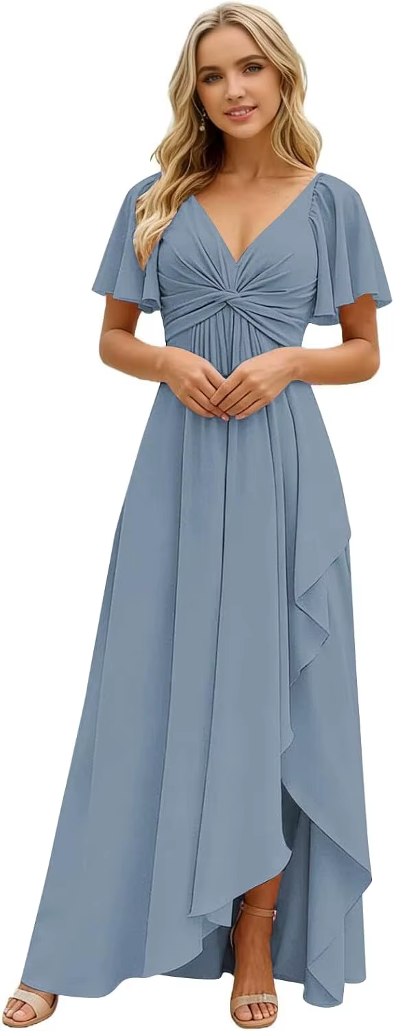 Robe de soirée plissée en mousseline de soie à col en V, manches courtes, pour invitées de mariage, 