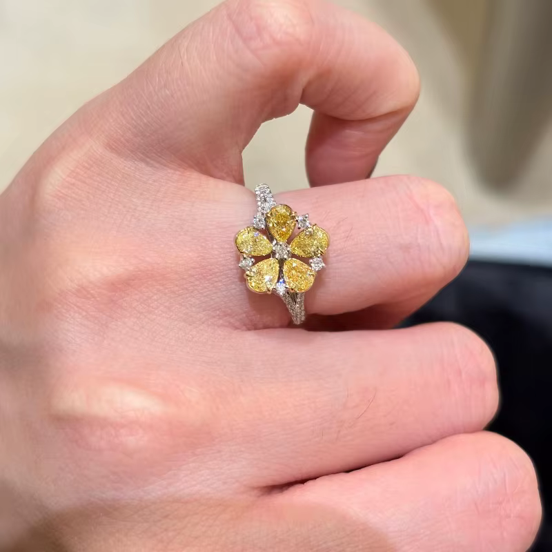 Bagues classiques incrustées de fleurs de pierres précieuses jaunes pour femmes, bague de mariage lé