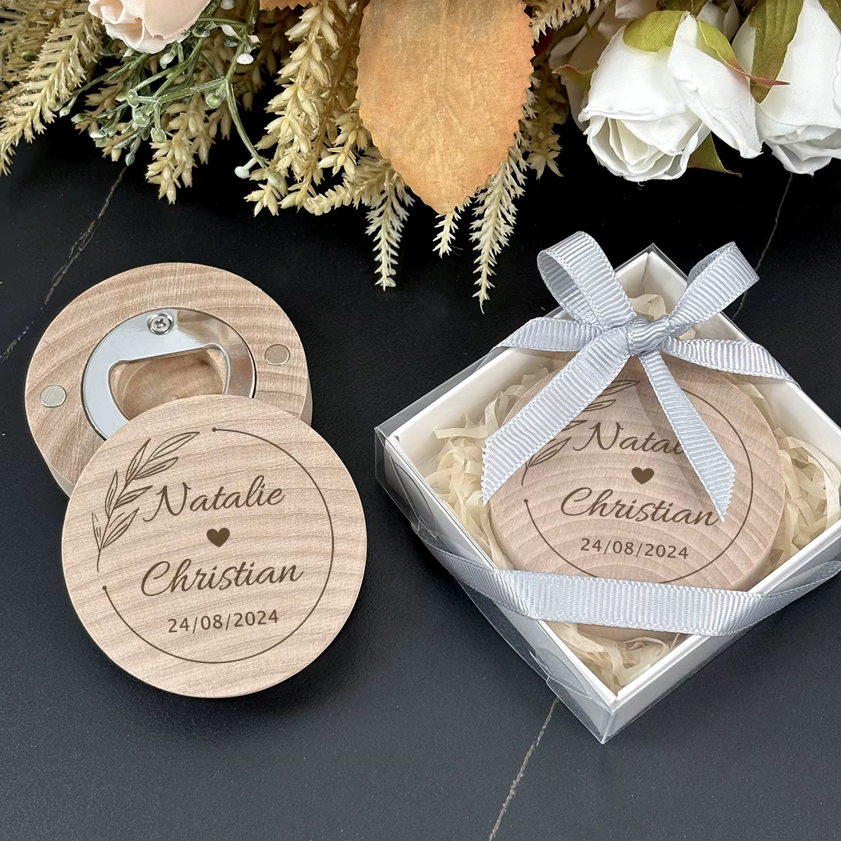 Souvenirs de mariage Ouvre-bouteille magnétique en bois personnalisé Cadeaux de faveur de mariage po