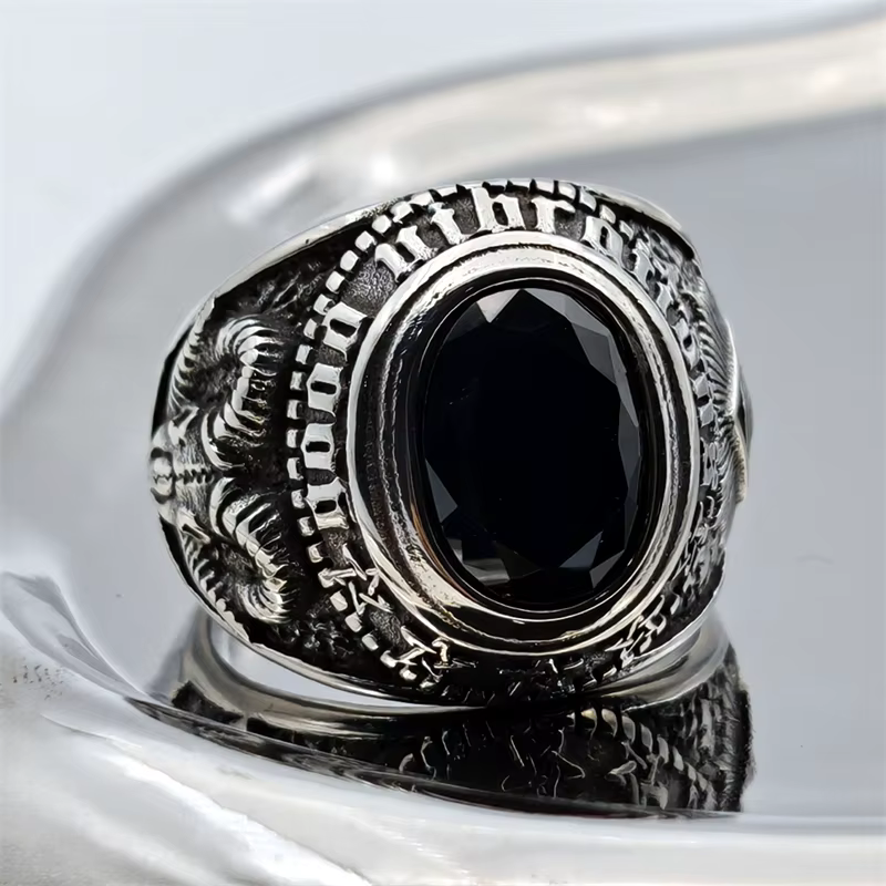 Bague God Eye en acier inoxydable, pierre noire, bijoux de motard, bague de chèvre punk, SION L