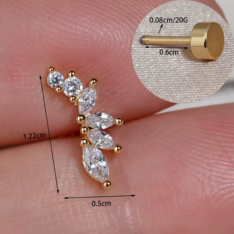 1PC Boucles d'oreilles délicates en zircone cubique à dos plat pour cartilage, hélix, tragus, lobe s