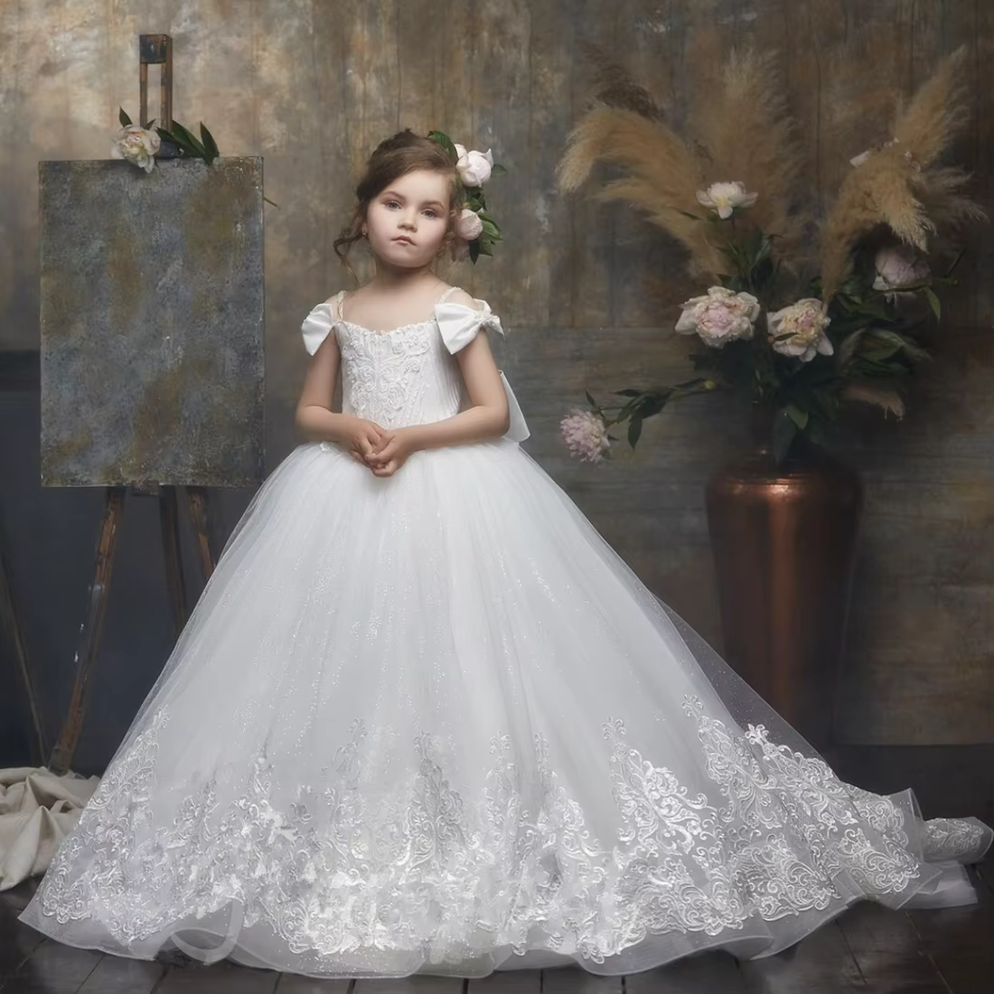 Robes de communion à manches en tulle et dentelle pour filles, robe de demoiselle d'honneur de princ