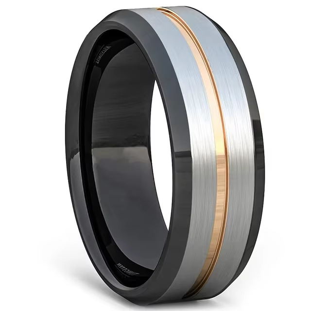 Bague en acier inoxydable pour hommes, 8MM, bord d'échelle brossé noir, rainure bleue, cadeaux de ma