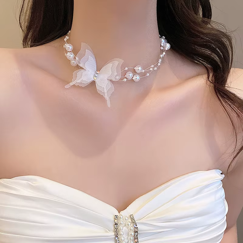 Collier ras du cou en perles papillon blanches pour femme, bijou de mariage, cadeau