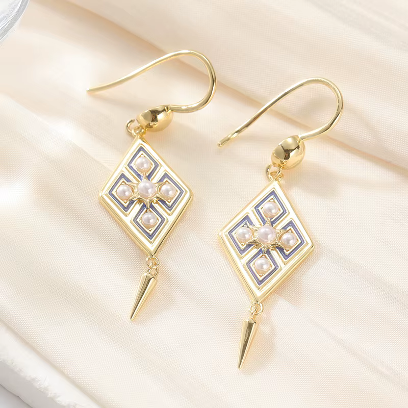 Boucles d'oreilles pendantes élégantes de style ethnique avec imitation perle et émail pour femme, d