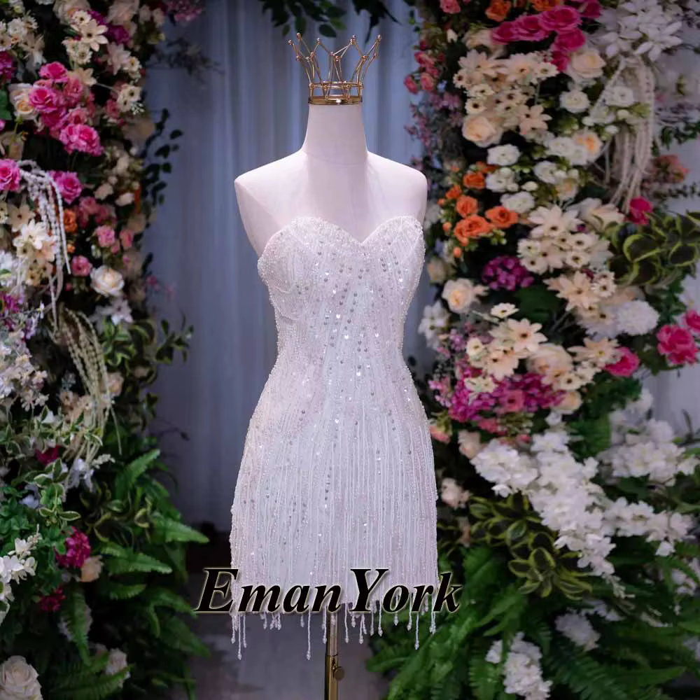 Robes de mariée délicates EmanY pour la mariée, avec perles, sans manches, mini-robe fourreau à sequ
