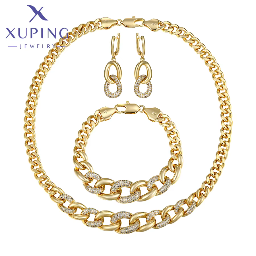 Xuping bijoux mode charme couleur or plaqué trois couleurs métalliques collier boucle d'oreille Brac