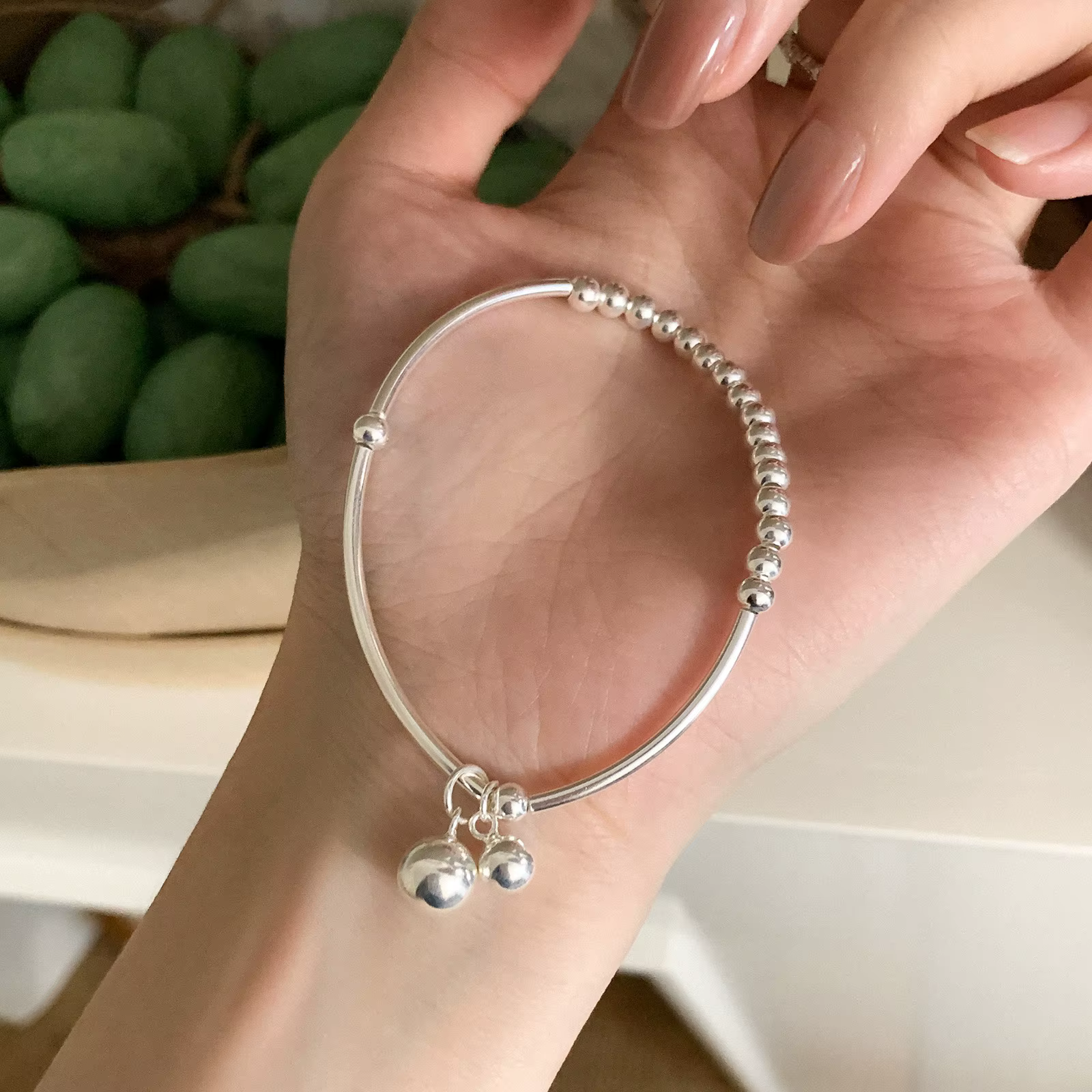 Bracelets en argent Sterling 925 pour femmes, accessoires tendance, boules de cloche, pendentif liss