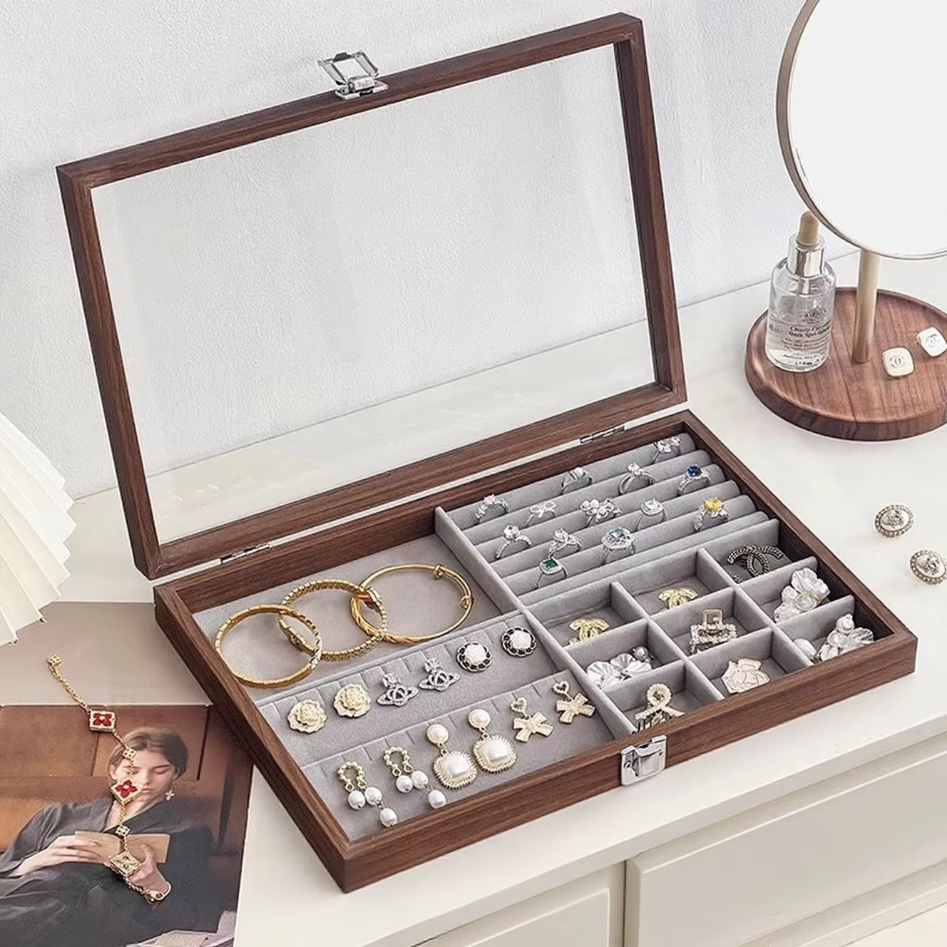 Boîte à bijoux anti-ternissement avec doublure en velours, organisateur multi-compartiments pour bag