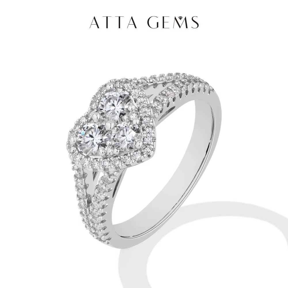 ATTAGEMS Bague Moissanite Cœur à Trois Pierres avec Halo pour Femme, Coupe Ronde, en Argent S925, De