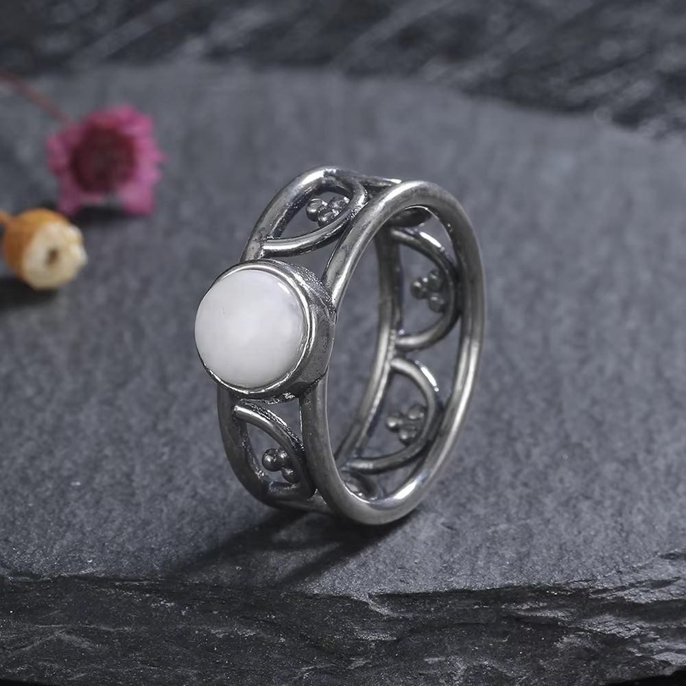 Bague ronde en argent pour femmes, bijoux fins, pierre de lune naturelle, Charoite, Vintage, cadeaux